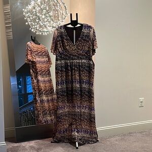 Black and Brown Flutter Sleeve V-Neck Maxi Sundress